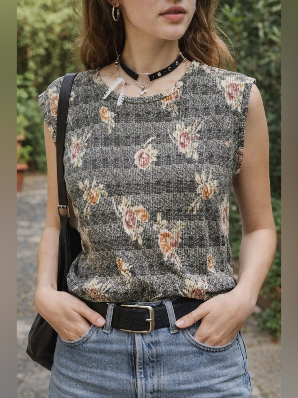 Vintage 90s Y2K Plissé Floral Textured Top Medium Grunge Cottagecore Tank